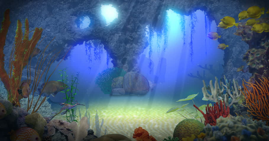 Idyllic Underwater Ocean Scene With Caves And Coral Reef (also ...