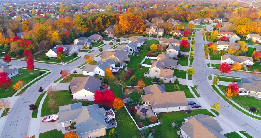 Scenic Flyover Of Small Town USA Neighborhood In Autumn. Stock Footage ...