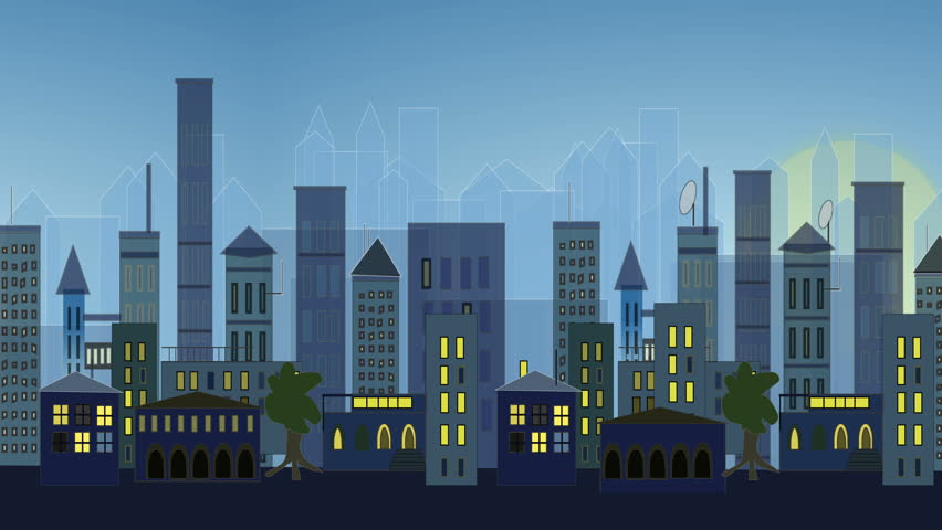 Skyline Of A City With Skycrapers. Animation Presents Transition From Day To Night. Stock ...