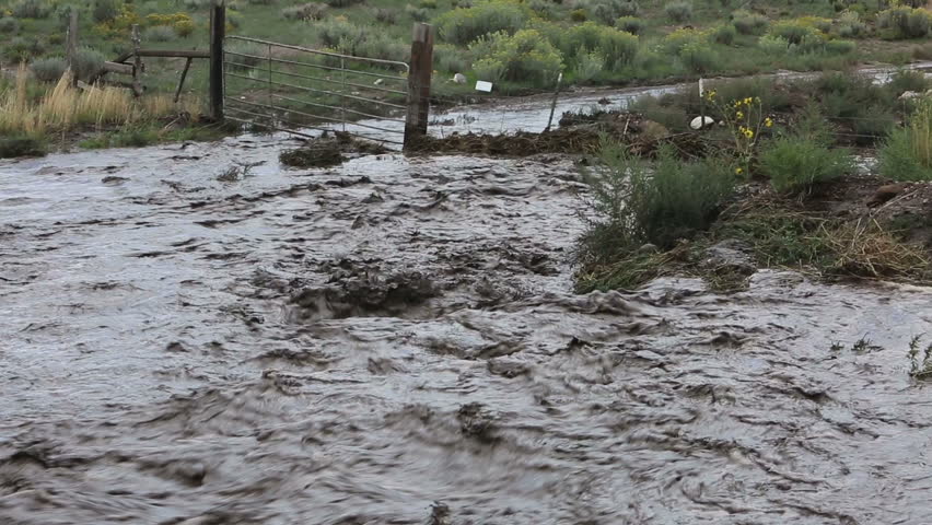 Flash Flood Raging Across Road Mud. Monsoon Rain Water Thick With Mud ...
