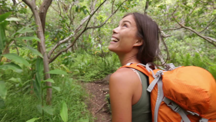 Hiking Woman Hiker Walking In Rain Forest Royalty Free Video