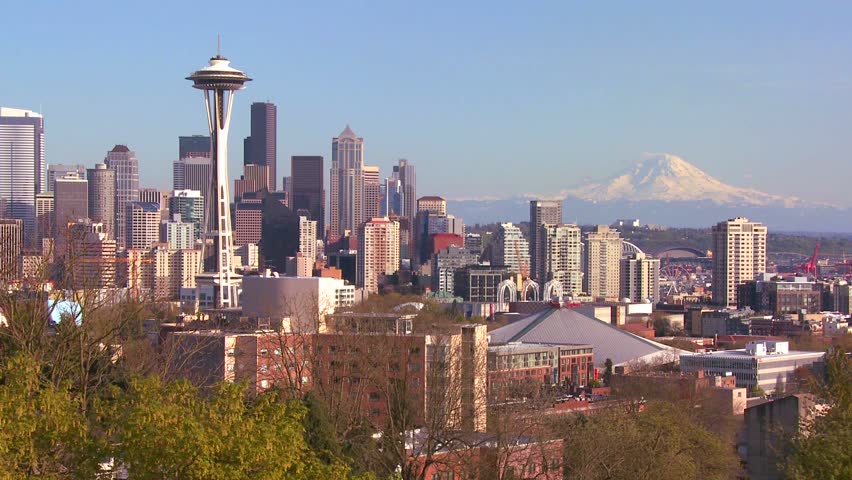 Mount Rainier And Seattle Space Needle Sunset. Seattle, Washington ...
