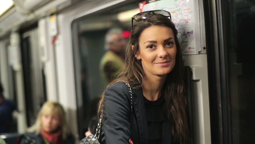 Happy Beautiful Woman Riding Metro Stock Footage Video ...
