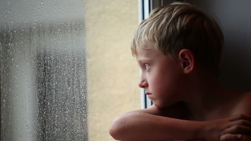 Unhappy, Crying Sad Caucasian Child Looking Out Window, Snowing ...