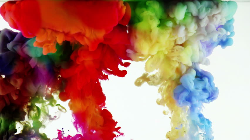 Colorful Rainbow Paint Drops From Above Mixing In Water. Ink Swirling ...