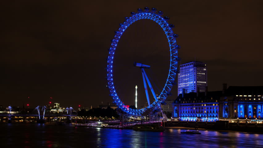 London Eye At Night With Thames View, Blue Light Stock Footage Video ...