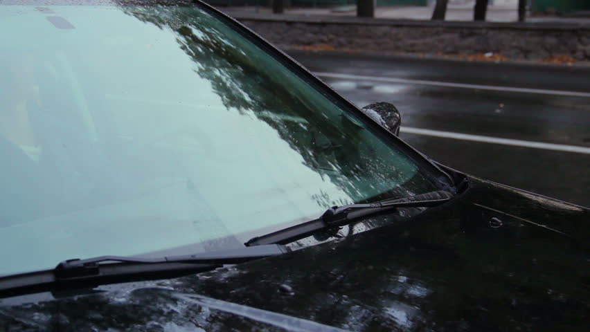 Raining On Car Front Glass, Windscreen Wipers Work, Day Rain Stock ...